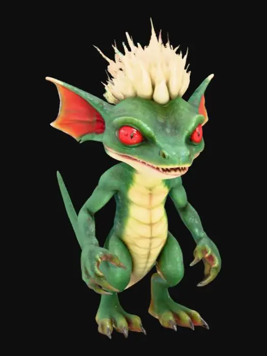 3D model for A small, hunched, bipedal reptilian creature with dark green, scaly skin and a lighter underbelly. A prominent, spiky white mohawk crests its head and back. It features large, piercing red eyes, pointed ears, and a wide, predatory mouth filled with numerous sharp teeth, often set in a cunning snarl. Its agile limbs end in long, pointed claws, emphasizing its dangerous and mischievous character.