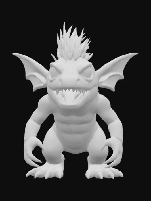 3D model for A small, hunched, bipedal reptilian creature with dark green, scaly skin and a lighter underbelly. A prominent, spiky white mohawk crests its head and back. It features large, piercing red eyes, pointed ears, and a wide, predatory mouth filled with numerous sharp teeth, often set in a cunning snarl. Its agile limbs end in long, pointed claws, emphasizing its dangerous and mischievous character.