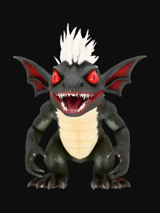 3D model for A small, hunched, bipedal reptilian creature with dark green, scaly skin and a lighter underbelly. A prominent, spiky white mohawk crests its head and back. It features large, piercing red eyes, pointed ears, and a wide, predatory mouth filled with numerous sharp teeth, often set in a cunning snarl. Its agile limbs end in long, pointed claws, emphasizing its dangerous and mischievous character.