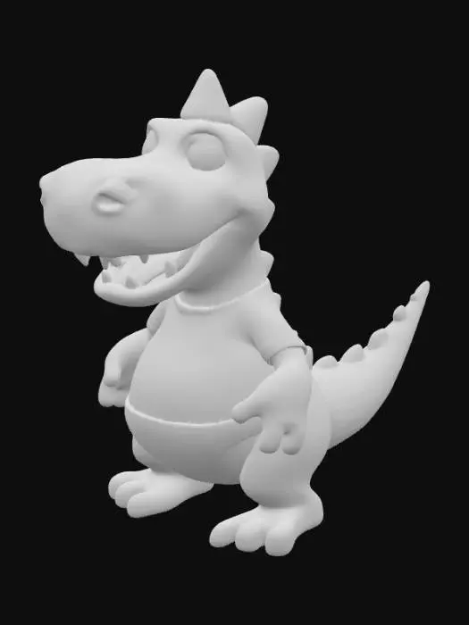 3D model for A pudgy, bipedal baby dinosaur character with smooth, pinkish-orange skin that has hints of purple on its short, banded tail. It has a significantly oversized, round head, large, expressive magenta eyes with dark pupils, and a wide, toothless grin. The creature wears a light yellow, short-sleeved shirt with small circular buttons and a plain white fabric diaper. Its arms and legs are thick and soft-looking, posed as if reaching outwards.