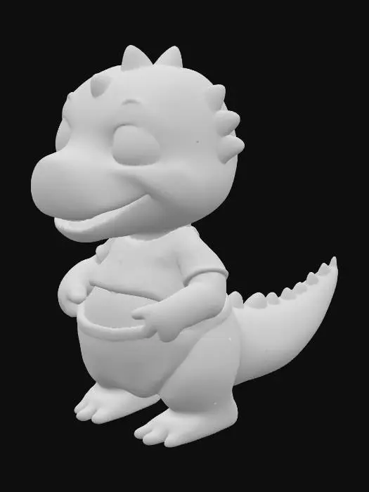 3D model for A plump, bipedal baby dinosaur, characterized by smooth, rubbery-textured skin in shades of warm pinkish-orange, subtly transitioning to a light purple with darker purple bands on its short, thick tail. Its prominent, bulbous head features large, glossy magenta eyes with round black pupils, surrounded by faint wrinkles that suggest expression. A wide, upturned mouth forms a joyful, toothless smile, and its small, stubby hands are outstretched, revealing soft, rounded fingers. It wears a slightly wrinkled, soft cotton, light yellow t-shirt with four small, perfectly circular buttons down the front, and a puffy, white fabric diaper with visible elastic gathering at the legs. The overall impression is soft and childlike.