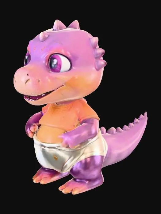 3D model for A plump, bipedal baby dinosaur, characterized by smooth, rubbery-textured skin in shades of warm pinkish-orange, subtly transitioning to a light purple with darker purple bands on its short, thick tail. Its prominent, bulbous head features large, glossy magenta eyes with round black pupils, surrounded by faint wrinkles that suggest expression. A wide, upturned mouth forms a joyful, toothless smile, and its small, stubby hands are outstretched, revealing soft, rounded fingers. It wears a slightly wrinkled, soft cotton, light yellow t-shirt with four small, perfectly circular buttons down the front, and a puffy, white fabric diaper with visible elastic gathering at the legs. The overall impression is soft and childlike.