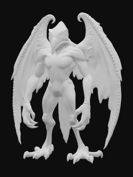 3D model for A bizarre creature exhibiting the robust, feathered body of a hawk, predominantly brown and white, with powerful wings . Uniquely, it possesses four robust, scaly legs, each terminating in razor-sharp, obsidian talons. Its head is a startling closed fist, composed of smooth, pale skin, with 4 piercing, dark eyes unsettlingly embedded directly onto the knuckles, conveying a perpetually watchful, unyielding expression. The overall form combines avian power with an unexpected, uncanny human-like feature.