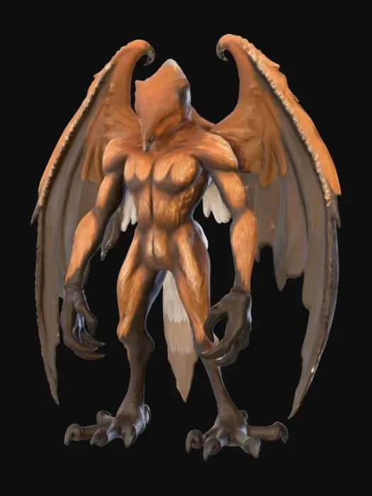 3D model for A bizarre creature exhibiting the robust, feathered body of a hawk, predominantly brown and white, with powerful wings . Uniquely, it possesses four robust, scaly legs, each terminating in razor-sharp, obsidian talons. Its head is a startling closed fist, composed of smooth, pale skin, with 4 piercing, dark eyes unsettlingly embedded directly onto the knuckles, conveying a perpetually watchful, unyielding expression. The overall form combines avian power with an unexpected, uncanny human-like feature.