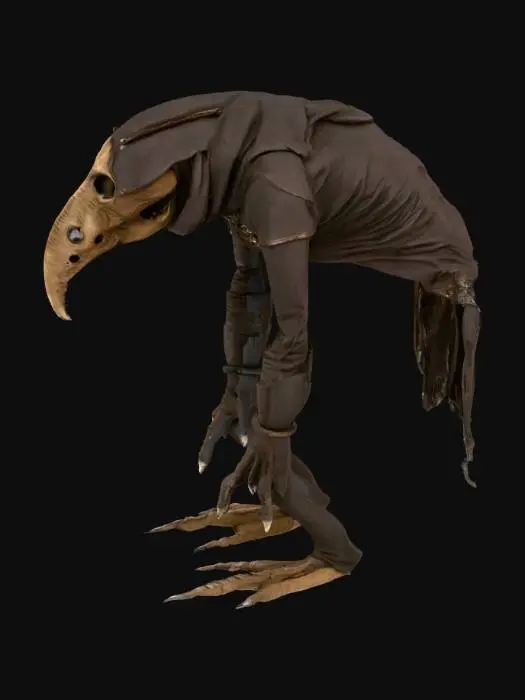 3D model for A gaunt, bipedal creature stands with a slightly hunched posture, its elongated form draped in heavy, dark fabric that hints at a slender, humanoid structure beneath. Its head is entirely replaced by a stylized, dark brown plague mask, crafted from what appears to be rigid, aged leather with visible seams and rivets, giving it a stiff, unyielding texture. Two vacant, black eye-sockets gaze forward, above a pronounced, beak-like protrusion. The mask feels hard and smooth, contrasting with the rough, coarse weave of its dark, shroud-like clothing.