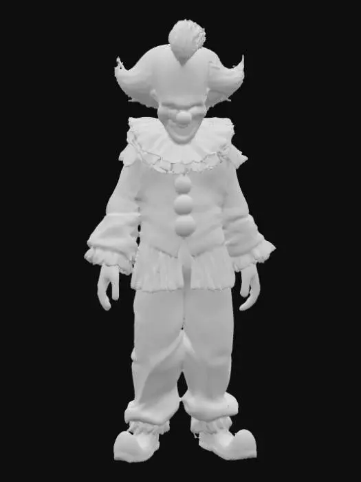 3D model for A short, obese, and grotesque humanoid figure, "The Clown" is characterized by his pasty, sickly-white skin that appears oily and wrinkled, contrasting sharply with garish, smeared red and blue clown makeup. His balding head is framed by stringy, greasy black hair. A perpetually wide, maniacal grin reveals rows of pointed, yellowish teeth, while small, piercing, malevolent eyes gleam intensely. He wears ill-fitting, tattered dark clothing that looks coarse and damp, giving him a perpetually disheveled and unsettling appearance.