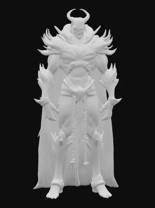 3D model for A towering, powerfully built figure, Spawn is encased in a dark, form-fitting armored suit that appears organic and demonic, feeling rigid and cold. Its surface is a deep, matte black with subtle, undulating textures. His head is covered by a skeletal, skull-like mask with two piercing, glowing green eyes. A vast, ragged, blood-red cape billows, made of a coarse yet ethereal fabric. Heavy, metallic, spiked chains coil around his body, clanking ominously.