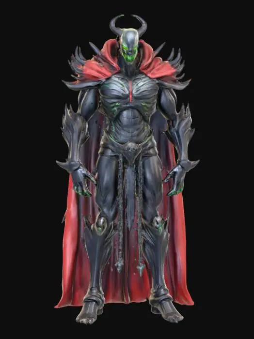 3D model for A towering, powerfully built figure, Spawn is encased in a dark, form-fitting armored suit that appears organic and demonic, feeling rigid and cold. Its surface is a deep, matte black with subtle, undulating textures. His head is covered by a skeletal, skull-like mask with two piercing, glowing green eyes. A vast, ragged, blood-red cape billows, made of a coarse yet ethereal fabric. Heavy, metallic, spiked chains coil around his body, clanking ominously.