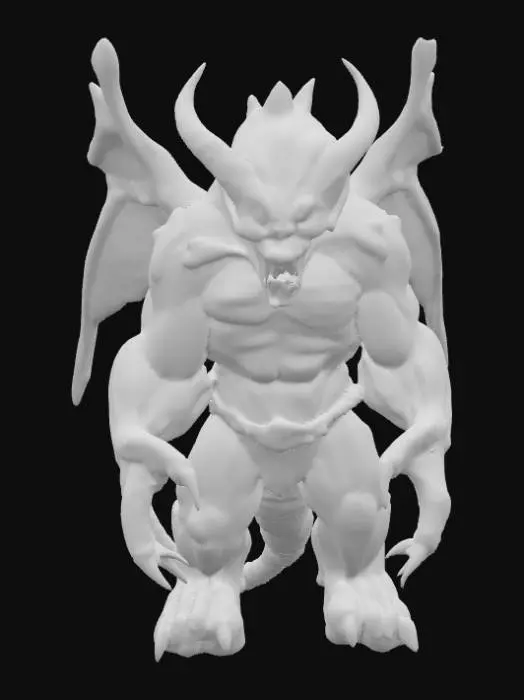 3D model for A grotesquely muscular, massive demonic entity, its hulking form clad in taut, rough, crimson-red skin that transitions to a mottled gray and blue in shadowed crevices. The skin feels leathery and ridged, punctuated by sharp, calcified spikes emerging from its shoulders and back. Its face is a nightmarish, clown-like visage with jagged, yellowish teeth forming a perpetual sneer, and two small, malevolent yellow eyes gleam intensely within deep sockets. Powerful, clawed limbs end in thick, blunt talons.