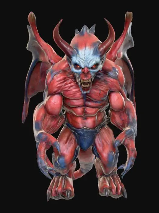 3D model for A grotesquely muscular, massive demonic entity, its hulking form clad in taut, rough, crimson-red skin that transitions to a mottled gray and blue in shadowed crevices. The skin feels leathery and ridged, punctuated by sharp, calcified spikes emerging from its shoulders and back. Its face is a nightmarish, clown-like visage with jagged, yellowish teeth forming a perpetual sneer, and two small, malevolent yellow eyes gleam intensely within deep sockets. Powerful, clawed limbs end in thick, blunt talons.