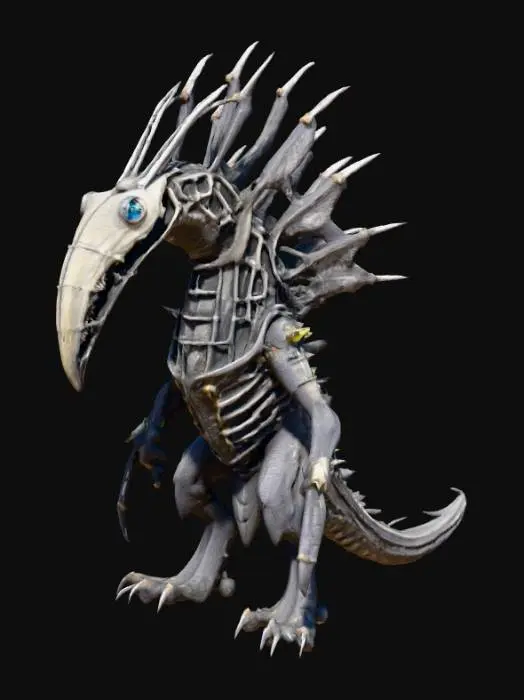 3D model for A large raptor like bird biomechanical monster that has six eyes, three on each side of its head.  An accordion like neck and a cage like body 