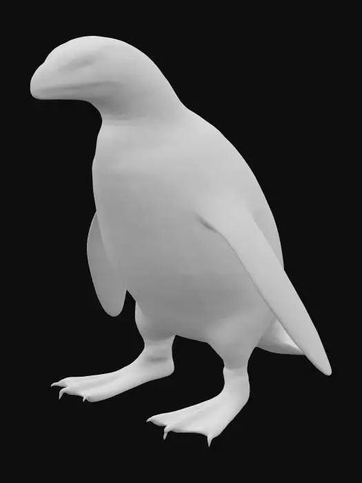 3D model for A curious creature with the stout, upright body and flippers of a penguin, covered in short, dense, water-resistant feathers, predominantly black on the back and white on the belly, giving it a sleek, smooth appearance. Its head, is a snakes head, featuring smooth, scaly skin that transitions from the feathery neck. Two beady, reptilian eyes are set low,