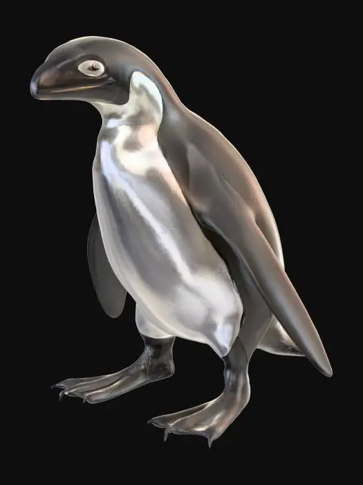3D model for A curious creature with the stout, upright body and flippers of a penguin, covered in short, dense, water-resistant feathers, predominantly black on the back and white on the belly, giving it a sleek, smooth appearance. Its head, is a snakes head, featuring smooth, scaly skin that transitions from the feathery neck. Two beady, reptilian eyes are set low,