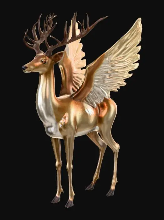 3D model for A majestic deer with a slender, athletic build is adorned with large, feathered wings sprouting from its shoulders. Its fur is a soft, mottled brown, transitioning to a lighter cream on its underbelly, with delicate, branched antlers atop its head. The wings, reminiscent of an eagle's, are covered in sleek, iridescent white and brown feathers, suggesting a blend of grace and power. Its legs are lean, ending in cloven hooves, giving it an ethereal yet grounded appearance.