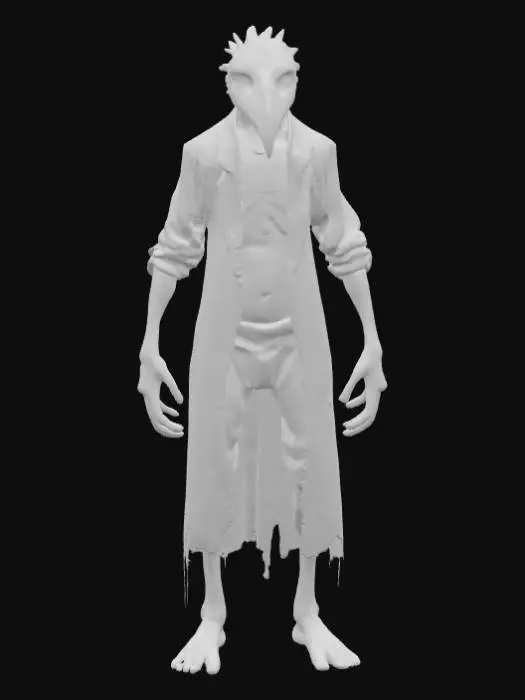 3D model for A gaunt, bipedal creature with an emaciated, skeletal frame draped in tattered, dark grey fabric that hints at ancient, decaying cloth. Its head is a fixed, bird-like plague mask, made of aged, cracked leather with a tarnished, dull metallic beak, giving it a rigid, unyielding expression. Two dark, hollow voids serve as eye-holes, suggesting deep-set, unseen eyes. The texture of its exposed skin, where visible, appears dry and withered, contrasting with the stiff, worn leather and rough fabric.