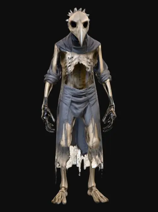 3D model for A gaunt, bipedal creature with an emaciated, skeletal frame draped in tattered, dark grey fabric that hints at ancient, decaying cloth. Its head is a fixed, bird-like plague mask, made of aged, cracked leather with a tarnished, dull metallic beak, giving it a rigid, unyielding expression. Two dark, hollow voids serve as eye-holes, suggesting deep-set, unseen eyes. The texture of its exposed skin, where visible, appears dry and withered, contrasting with the stiff, worn leather and rough fabric.