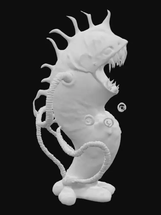 3D model for A monstrous, carnivorous plant, Audrey II possesses a grotesque bulbous body with a large, gaping maw revealing rows of sharp, yellowish teeth. Its leathery, veined skin is a mottled mix of deep greens, purples, and reddish-browns, suggesting a fleshy, almost slimy texture. Numerous thick, coiling tendrils emerge from its base, acting as roots or limbs, while its predatory expression conveys hunger and menace.