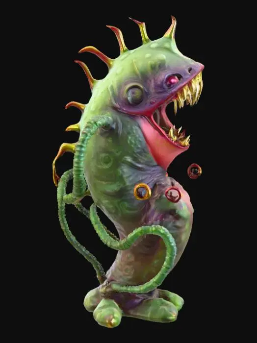 3D model for A monstrous, carnivorous plant, Audrey II possesses a grotesque bulbous body with a large, gaping maw revealing rows of sharp, yellowish teeth. Its leathery, veined skin is a mottled mix of deep greens, purples, and reddish-browns, suggesting a fleshy, almost slimy texture. Numerous thick, coiling tendrils emerge from its base, acting as roots or limbs, while its predatory expression conveys hunger and menace.