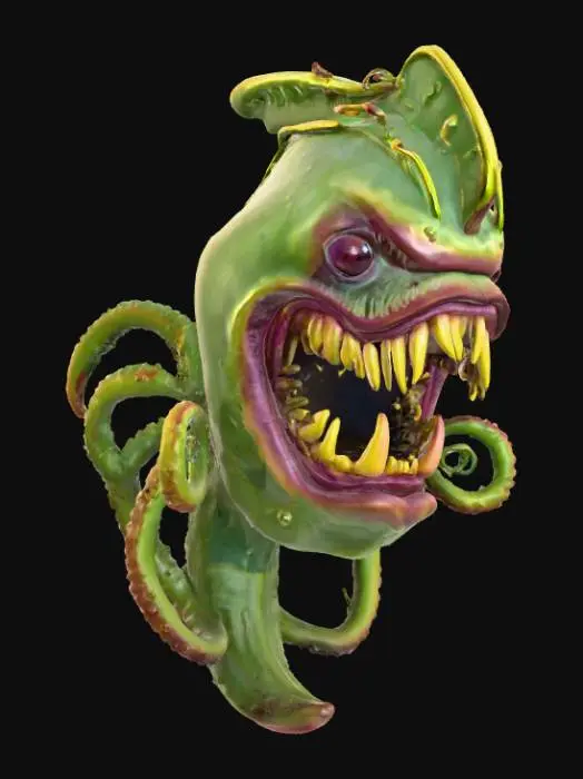 3D model for A monstrous, carnivorous plant, Audrey II possesses a grotesque bulbous body with a large, gaping maw revealing rows of sharp, yellowish teeth. Its leathery, veined skin is a mottled mix of deep greens, purples, and reddish-browns, suggesting a fleshy, almost slimy texture. Numerous thick, coiling tendrils emerge from its base, acting as roots or limbs, while its predatory expression conveys hunger and menace.
