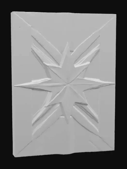 3D model for A piece of wall art crafted from warm-toned wood features an intricate arrangement of interlocking geometric shapes. The wood's surface displays a visible, tactile grain, with some areas smoothly polished and others exhibiting a subtle, natural texture. Varying shades of natural brown and amber, possibly enhanced by a clear stain, highlight the distinct planes and angles. The shapes are layered in relief, creating dynamic shadows and a three-dimensional structure that feels substantial and organic to the touch.