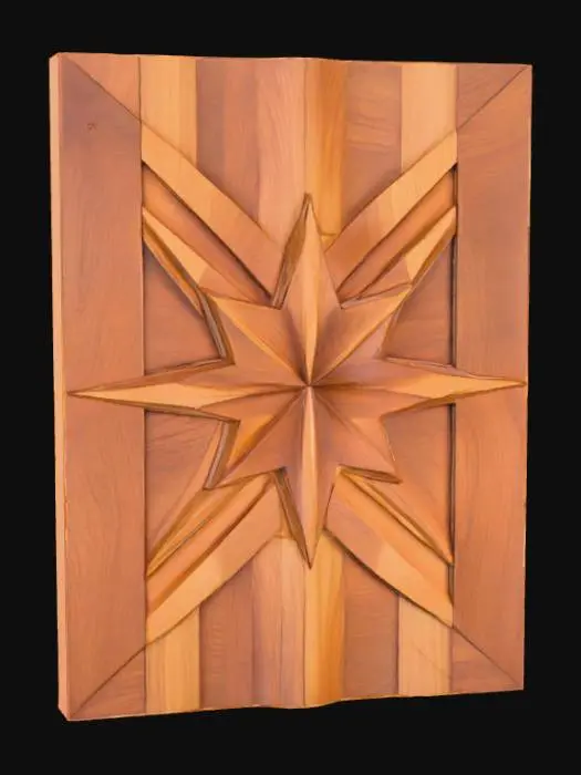 3D model for A piece of wall art crafted from warm-toned wood features an intricate arrangement of interlocking geometric shapes. The wood's surface displays a visible, tactile grain, with some areas smoothly polished and others exhibiting a subtle, natural texture. Varying shades of natural brown and amber, possibly enhanced by a clear stain, highlight the distinct planes and angles. The shapes are layered in relief, creating dynamic shadows and a three-dimensional structure that feels substantial and organic to the touch.