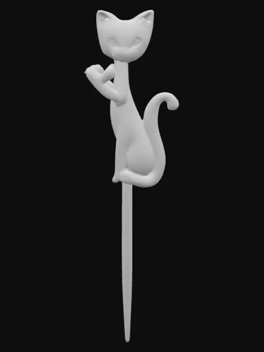 3D model for A delicate, polished metal hairpin, likely silver or gold-toned, featuring a smooth, curved shaft designed to hold hair. Perched prominently atop the pin is a small, intricately sculpted cat figure. The cat possesses a sleek, stylized form with pointed ears, a slender tail curled gracefully, and a subtly etched texture to suggest fur. Its eyes are small, dark beads, giving it a calm, alert expression. The overall piece feels solid yet lightweight.