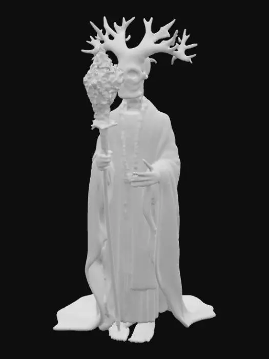 3D model for A slender, robed bishop, featuring a head resembling a finely sculpted, highly detailed cerebellum, with precise, repetitive folds. His body and attire are crafted from a smooth, dense, bone-like material with subtle, organic striations, evoking neural pathways. A staff, tipped with a crystalline neuron structure, extends from his hand. The overall color palette is muted, with hints of amber and ivory, conveying a sense of profound, quiet wisdom.