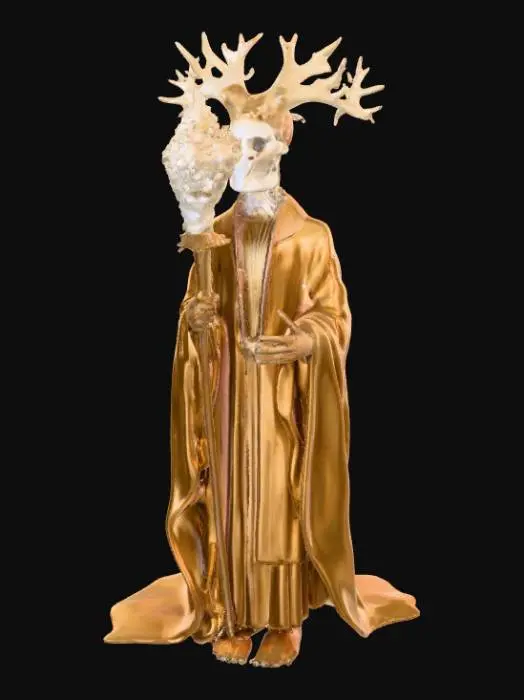 3D model for A slender, robed bishop, featuring a head resembling a finely sculpted, highly detailed cerebellum, with precise, repetitive folds. His body and attire are crafted from a smooth, dense, bone-like material with subtle, organic striations, evoking neural pathways. A staff, tipped with a crystalline neuron structure, extends from his hand. The overall color palette is muted, with hints of amber and ivory, conveying a sense of profound, quiet wisdom.