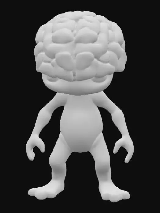 3D model for A small, earnest pawn character, his body formed from a simpler, more uniform neural tissue, like a developing brain, smooth yet with faint, emerging gyri patterns. His head is a subtly rounded cap of dense gray matter, indicating potential. He stands in a determined, upright posture, his simple, unified form suggesting foundational strength. The material has a soft, slightly translucent quality, with an underlying pinkish hue, embodying raw, unrefined cerebral potential.