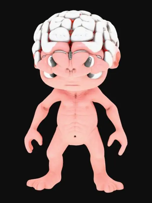 3D model for A small, earnest pawn character, his body formed from a simpler, more uniform neural tissue, like a developing brain, smooth yet with faint, emerging gyri patterns. His head is a subtly rounded cap of dense gray matter, indicating potential. He stands in a determined, upright posture, his simple, unified form suggesting foundational strength. The material has a soft, slightly translucent quality, with an underlying pinkish hue, embodying raw, unrefined cerebral potential.
