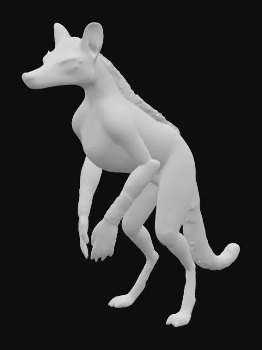 3D model for A unique hybrid creature, blending the striking features of a Tasmanian tiger with a skunk. It possesses a sleek, powerful body, covered in dense, coarse fur patterned with bold black stripes on a creamy white base, reminiscent of both animals. Its head is lean with a pointed snout and alert dark eyes, while its tail is long and bushy, combining the skunk's volume with the thylacine's length. The fur feels thick and soft, particularly on the prominent tail., #PBR#