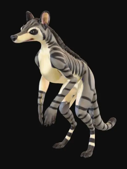3D model for A unique hybrid creature, blending the striking features of a Tasmanian tiger with a skunk. It possesses a sleek, powerful body, covered in dense, coarse fur patterned with bold black stripes on a creamy white base, reminiscent of both animals. Its head is lean with a pointed snout and alert dark eyes, while its tail is long and bushy, combining the skunk's volume with the thylacine's length. The fur feels thick and soft, particularly on the prominent tail., #PBR#