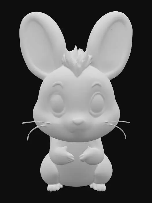 3D model for A small, adorable creature blending bunny and skunk features. It has the soft, fluffy white fur and long, expressive ears of a bunny, but with a distinctive black stripe running down its back and bushy tail, characteristic of a skunk. Its large, round black eyes convey a sweet, innocent expression, set in a gently rounded face with a tiny pink nose and faint whiskers. Its short, stubby legs and compact, cuddly body are covered in a smooth, plush texture, making it appear soft and inviting to the touch., #PBR#