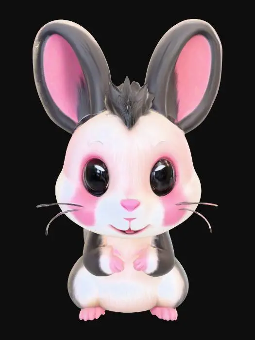 3D model for A small, adorable creature blending bunny and skunk features. It has the soft, fluffy white fur and long, expressive ears of a bunny, but with a distinctive black stripe running down its back and bushy tail, characteristic of a skunk. Its large, round black eyes convey a sweet, innocent expression, set in a gently rounded face with a tiny pink nose and faint whiskers. Its short, stubby legs and compact, cuddly body are covered in a smooth, plush texture, making it appear soft and inviting to the touch., #PBR#