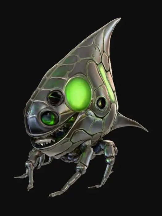 3D model for An unsettlingly adorable biomechanical entity, featuring a polished, dark grey chitinous shell patterned with delicate, vein-like ridges that glow faintly with a sickly green light. Its main body is an elongated, teardrop shape, supported by six slender, jointed legs that end in soft, suction-cup-like pads. A small, open mouth reveals rows of tiny, razor-sharp teeth, contrasting with its single, large, cycloptic eye that blinks slowly and innocently. The texture is a blend of hard, cold metal and surprisingly soft, leathery skin.
