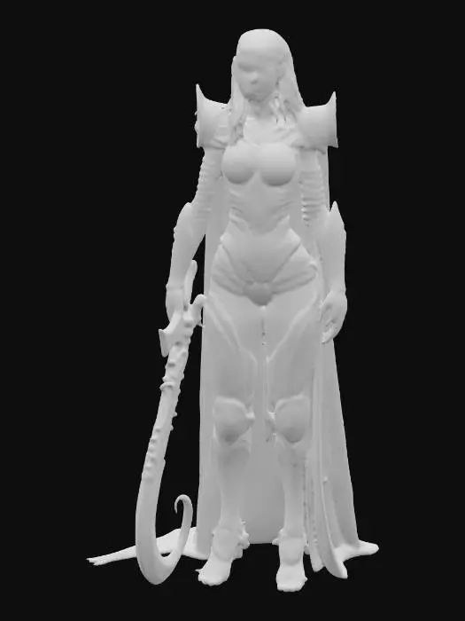 3D model for #PBR#, A slender, biomechanical female warrior emerges, her form a disturbing fusion of organic and synthetic. Her skin appears as taut, pale sinew interlaced with dark, glistening, bone-like plates and ribbed structures that mimic a protective exoskeleton. Her long, dark hair, pulled back into a braid, gives way to subtly shaved sides that reveal intricate, skeletal patterns. She wears armor that seems grown onto her body, a dark, chitinous material with a wet, reflective sheen. Her karambit, an extension of her design, possesses a sharpened, curved blade with a biomimetic texture and a handle that appears to merge with her grip.