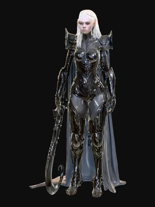 3D model for #PBR#, A slender, biomechanical female warrior emerges, her form a disturbing fusion of organic and synthetic. Her skin appears as taut, pale sinew interlaced with dark, glistening, bone-like plates and ribbed structures that mimic a protective exoskeleton. Her long, dark hair, pulled back into a braid, gives way to subtly shaved sides that reveal intricate, skeletal patterns. She wears armor that seems grown onto her body, a dark, chitinous material with a wet, reflective sheen. Her karambit, an extension of her design, possesses a sharpened, curved blade with a biomimetic texture and a handle that appears to merge with her grip.