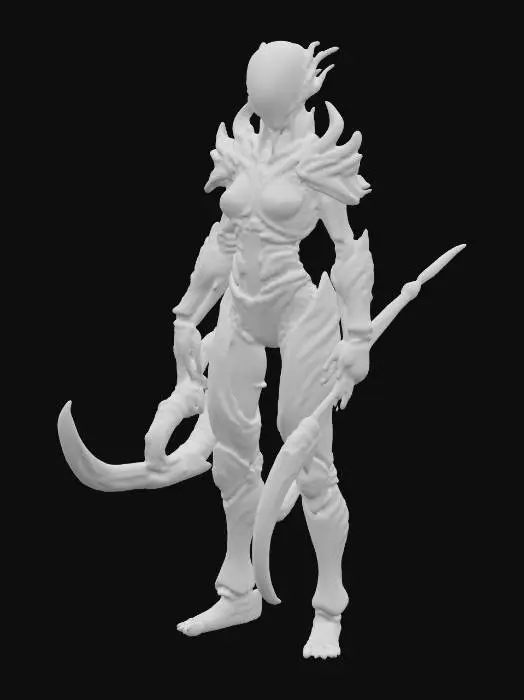 3D model for #PBR#, A slender, biomechanical female warrior emerges, her form a disturbing fusion of organic and synthetic. Her skin appears as taut, pale sinew interlaced with dark, glistening, bone-like plates and ribbed structures that mimic a protective exoskeleton. Her long, dark hair, pulled back into a braid, gives way to subtly shaved sides that reveal intricate, skeletal patterns. She wears armor that seems grown onto her body, a dark, chitinous material with a wet, reflective sheen. Her karambit, an extension of her design, possesses a sharpened, curved blade with a biomimetic texture and a handle that appears to merge with her grip.