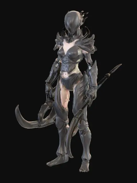 3D model for #PBR#, A slender, biomechanical female warrior emerges, her form a disturbing fusion of organic and synthetic. Her skin appears as taut, pale sinew interlaced with dark, glistening, bone-like plates and ribbed structures that mimic a protective exoskeleton. Her long, dark hair, pulled back into a braid, gives way to subtly shaved sides that reveal intricate, skeletal patterns. She wears armor that seems grown onto her body, a dark, chitinous material with a wet, reflective sheen. Her karambit, an extension of her design, possesses a sharpened, curved blade with a biomimetic texture and a handle that appears to merge with her grip.