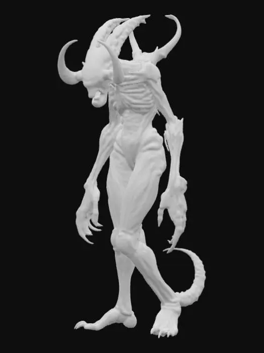 3D model for A haunting Scorn-inspired female monster possesses a disturbingly slender, elongated form, a horrifying blend of pallid, glistening organic matter and corroded, skeletal-like metal. Its surface is a tapestry of exposed, fibrous muscle, fused bone, and slick, greyish-blue tissue that appears perpetually wet and decaying. Devoid of discernible eyes or mouth, its elongated head flows seamlessly into a torso, a grotesque, asymmetrical fusion of bio-industrial horror. Its unsettlingly thin limbs end in sharp, fused digits., #PBR#