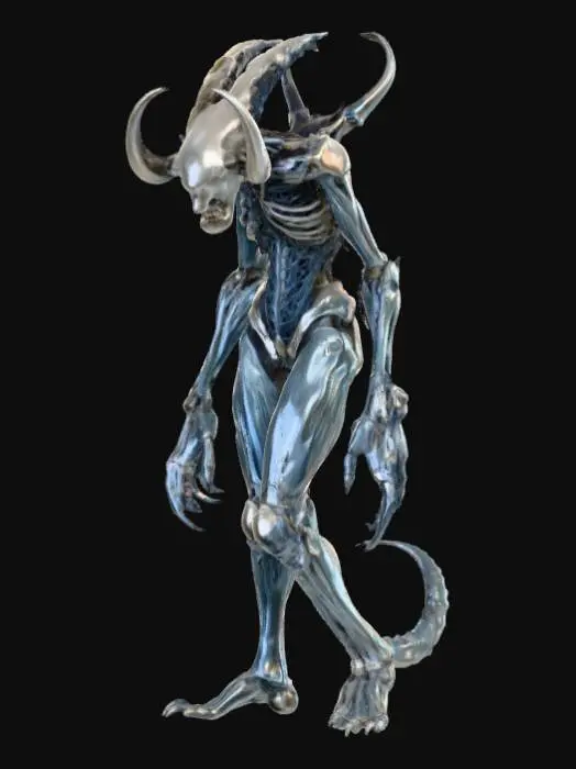3D model for A haunting Scorn-inspired female monster possesses a disturbingly slender, elongated form, a horrifying blend of pallid, glistening organic matter and corroded, skeletal-like metal. Its surface is a tapestry of exposed, fibrous muscle, fused bone, and slick, greyish-blue tissue that appears perpetually wet and decaying. Devoid of discernible eyes or mouth, its elongated head flows seamlessly into a torso, a grotesque, asymmetrical fusion of bio-industrial horror. Its unsettlingly thin limbs end in sharp, fused digits., #PBR#