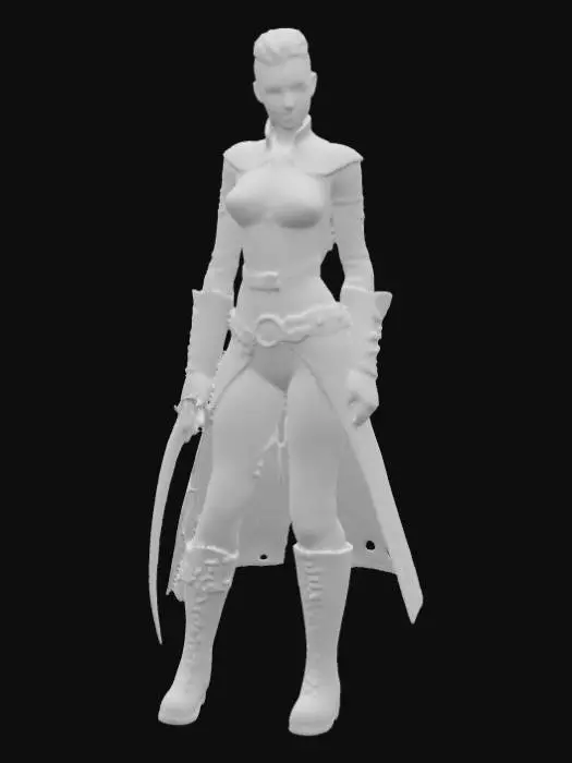 3D model for A slender yet muscular female warrior stands ready, her long hair tightly pulled back into a single braid, revealing cleanly shaved sides of her head. Her sleek, form-fitting leather armor, in a deep, matte black, emphasizes her athletic build with subtle stitching details. Her focused gaze conveys intensity as she firmly grips a karambit. The weapon's wicked, curved blade boasts a sharp, reflective steel finish, complemented by a ergonomically shaped, textured handle made from a dark, composite material for a secure hold., #PBR#
