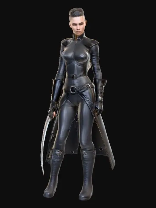 3D model for A slender yet muscular female warrior stands ready, her long hair tightly pulled back into a single braid, revealing cleanly shaved sides of her head. Her sleek, form-fitting leather armor, in a deep, matte black, emphasizes her athletic build with subtle stitching details. Her focused gaze conveys intensity as she firmly grips a karambit. The weapon's wicked, curved blade boasts a sharp, reflective steel finish, complemented by a ergonomically shaped, textured handle made from a dark, composite material for a secure hold., #PBR#