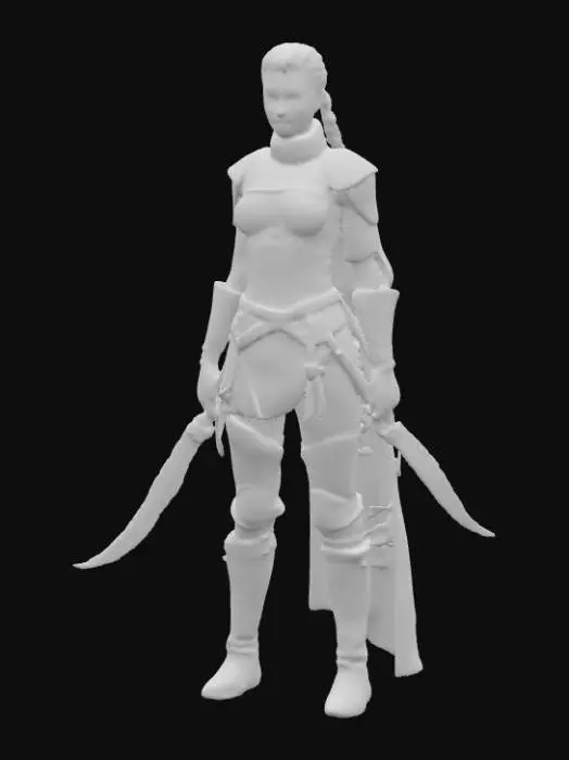 3D model for A slender yet muscular female warrior stands ready, her long hair tightly pulled back into a single braid, revealing cleanly shaved sides of her head. Her sleek, form-fitting leather armor, in a deep, matte black, emphasizes her athletic build with subtle stitching details. Her focused gaze conveys intensity as she firmly grips a karambit. The weapon's wicked, curved blade boasts a sharp, reflective steel finish, complemented by a ergonomically shaped, textured handle made from a dark, composite material for a secure hold., #PBR#