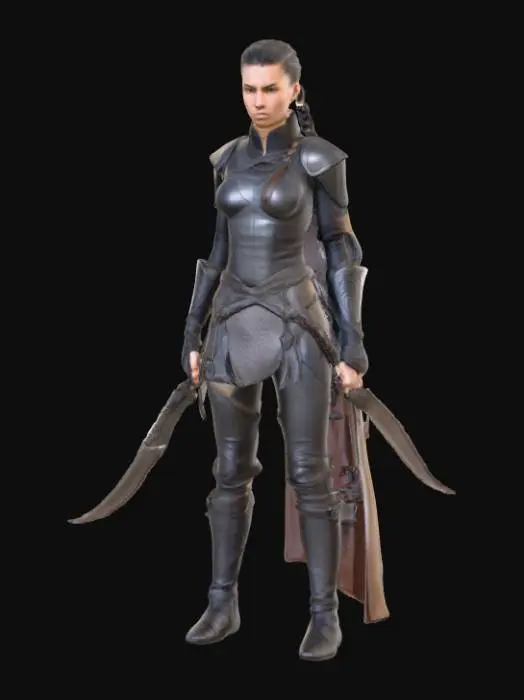 3D model for A slender yet muscular female warrior stands ready, her long hair tightly pulled back into a single braid, revealing cleanly shaved sides of her head. Her sleek, form-fitting leather armor, in a deep, matte black, emphasizes her athletic build with subtle stitching details. Her focused gaze conveys intensity as she firmly grips a karambit. The weapon's wicked, curved blade boasts a sharp, reflective steel finish, complemented by a ergonomically shaped, textured handle made from a dark, composite material for a secure hold., #PBR#