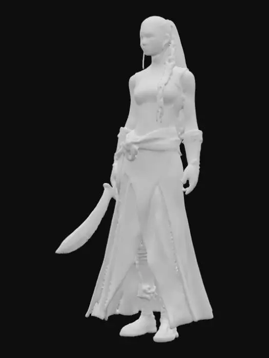 3D model for A slender yet muscular female warrior stands ready, her long hair tightly pulled back into a single braid, revealing cleanly shaved sides of her head. Her sleek, form-fitting leather armor, in a deep, matte black, emphasizes her athletic build with subtle stitching details. Her focused gaze conveys intensity as she firmly grips a karambit. The weapon's wicked, curved blade boasts a sharp, reflective steel finish, complemented by a ergonomically shaped, textured handle made from a dark, composite material for a secure hold., #PBR#