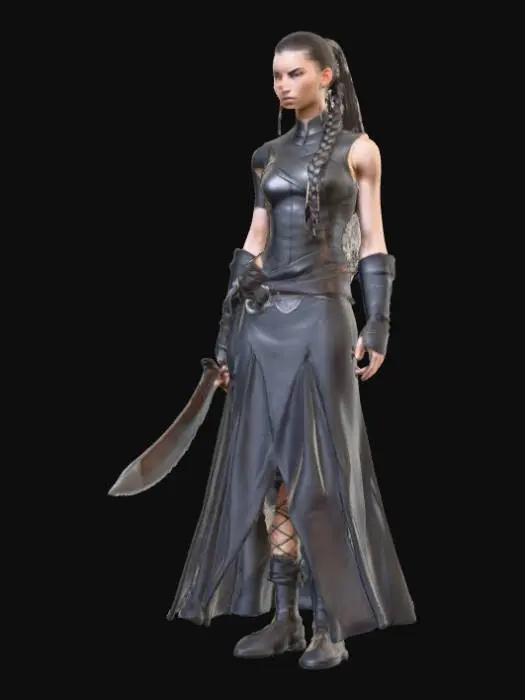3D model for A slender yet muscular female warrior stands ready, her long hair tightly pulled back into a single braid, revealing cleanly shaved sides of her head. Her sleek, form-fitting leather armor, in a deep, matte black, emphasizes her athletic build with subtle stitching details. Her focused gaze conveys intensity as she firmly grips a karambit. The weapon's wicked, curved blade boasts a sharp, reflective steel finish, complemented by a ergonomically shaped, textured handle made from a dark, composite material for a secure hold., #PBR#