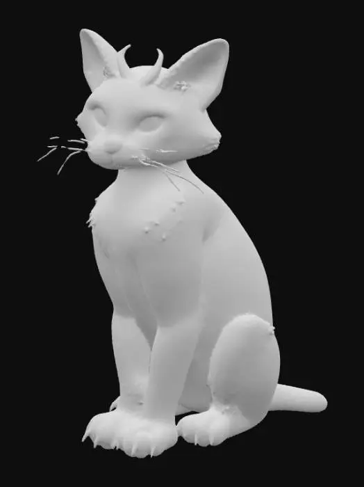 3D model for A sleek, stylized cat with an unusually lithe and elongated body, covered in short, velvet-like fur that shifts from midnight black to deep indigo. Its eyes glow with an ethereal, icy blue light, contrasting sharply with its dark visage. Sharp, almost metallic-looking claws retract from slender, elegant paws. Small, pointed horns, resembling polished obsidian, subtly emerge from its head, and a long, whip-like tail twitches with an unnatural grace. The fur, though dark, shimmers with a clean, almost electric sheen., #PBR#