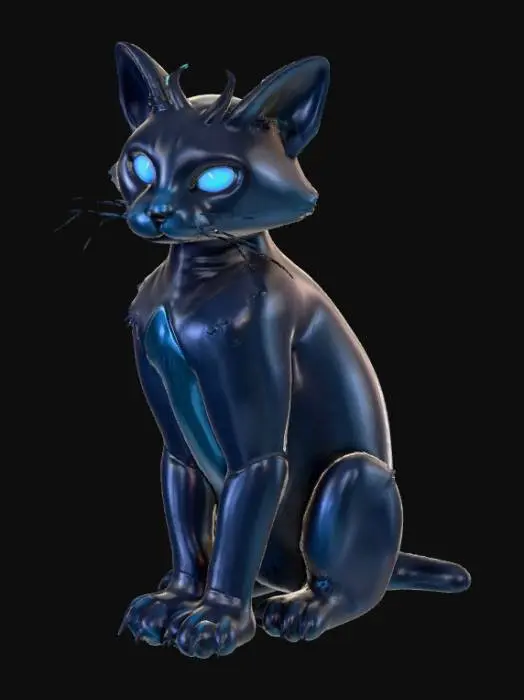 3D model for A sleek, stylized cat with an unusually lithe and elongated body, covered in short, velvet-like fur that shifts from midnight black to deep indigo. Its eyes glow with an ethereal, icy blue light, contrasting sharply with its dark visage. Sharp, almost metallic-looking claws retract from slender, elegant paws. Small, pointed horns, resembling polished obsidian, subtly emerge from its head, and a long, whip-like tail twitches with an unnatural grace. The fur, though dark, shimmers with a clean, almost electric sheen., #PBR#
