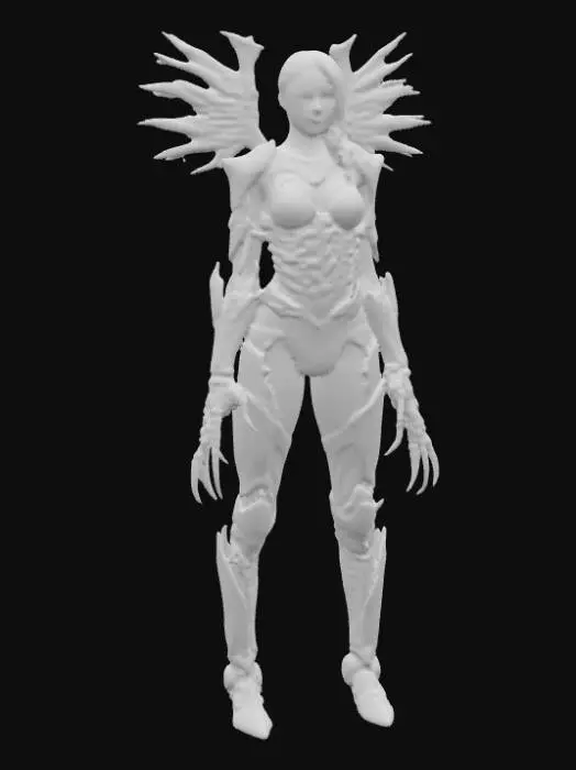 3D model for #PBR#, A slender, biomechanical female warrior emerges, her form a disturbing fusion of organic and synthetic. Her skin appears as taut, pale sinew interlaced with dark, glistening, bone-like plates and ribbed structures that mimic a protective exoskeleton. Her long, dark hair, pulled back into a braid, gives way to subtly shaved sides that reveal intricate, skeletal patterns. She wears armor that seems grown onto her body, a dark, chitinous material with a wet, reflective sheen. Her karambit, an extension of her design, possesses a sharpened, curved blade with a biomimetic texture and a handle that appears to merge with her grip.
